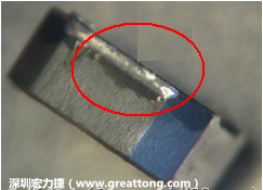 使用錫(Sn)鍍層的電源電感器(Power Inductors)，經(jīng)過推力測試后，其焊點還保留在零件的端點上，所以推力比較高。