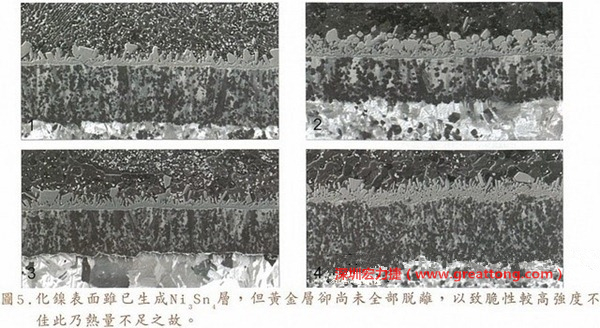 下面四圖顯示，當(dāng)焊接的熱量不足或未持續(xù)時(shí)，雖然Ni3Sn4的薄薄IMC層已經(jīng)生成而焊牢，但也會因?yàn)锳uSn及AuSn2還未來得及逸走，而停留在共金介面附近，當(dāng)有外力拉扯的時(shí)候，就很容易斷裂開來。這就是為何ENIG的焊點(diǎn)強(qiáng)度，始終不如銅面焊點(diǎn)(Cu6Sn5)來得更為牢固的主因之一。