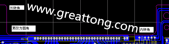 PCB設(shè)計時單面板的轉(zhuǎn)角都需為圓角，R1.0mm或R2.0mm為宜。