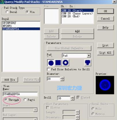 分析文件完成后，點(diǎn)擊菜單Setup→Pad Stacks調(diào)出焊盤堆設(shè)置窗口，將Pad Stack Type改為Via