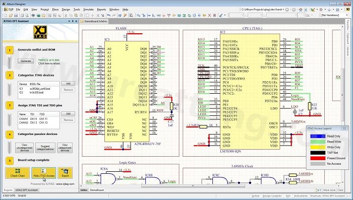 XJTAG DFT Assistant的Access Viewer模式可以清楚地顯示可用的測(cè)試存取層級(jí)，讓電路板設(shè)計(jì)人員在展開PCB布局以前的原理圖擷取階段盡可能地提高測(cè)試存取能力