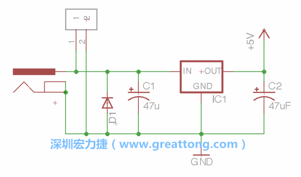 2.5.    新增一個二極體，它會以水平的狀態(tài)出現(xiàn)在屏幕上，請使用「旋轉(zhuǎn)（Rotate）」工具把它負(fù)極那一面朝上，并且用「網(wǎng)絡(luò)連接」工具將它連接在電壓調(diào)整器的輸入端和接地端之間。