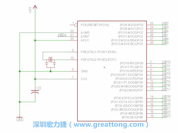 3.3.    將共鳴器（resonator）放置在針腳9和針腳10附近，將它的三個(gè)針腳連接如圖所示，并確認(rèn)最中間的針腳有連到接地端。