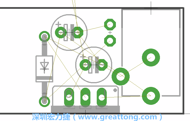 如同第一篇的步驟，我們將從電源迴路開始著手，移動電源插座（Power Jack）、電壓調(diào)整器、二極體、兩個電容和輔助接頭JP1到如上圖所示的位置。