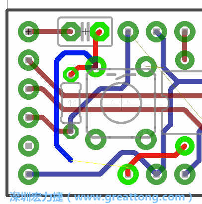 要在電路板正面進行+5V信號線連結(jié)和其他連結(jié)點的布線工作是非常容易的，而重置信號線（信號線用來連結(jié)電路板正面左邊的重置開關(guān)）需要經(jīng)過一個可以通過電路板正反兩面的電路通道，這個通道是一個可以讓電路板正反兩面線路連接的一個小孔。