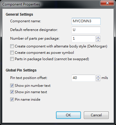 按下工具  "Create a new component"， 出現(xiàn)底下畫面， 按下OK后， 產(chǎn)生MYCONN3/U? 文字重迭在一在， 把它們分開(用mouse選擇并按下"M"， 即可移動(dòng))