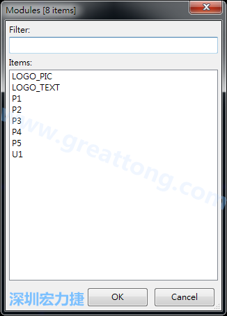 從目前正在編輯的PCB載入Module， 會(huì)顯示有那些項(xiàng)目可載入。點(diǎn)選一個(gè)， OK后即完成載入