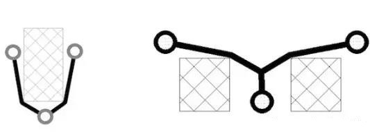 圖12：樹和(灰色顯示的)障礙物。(a)最小生成樹，(b)Steiner樹。