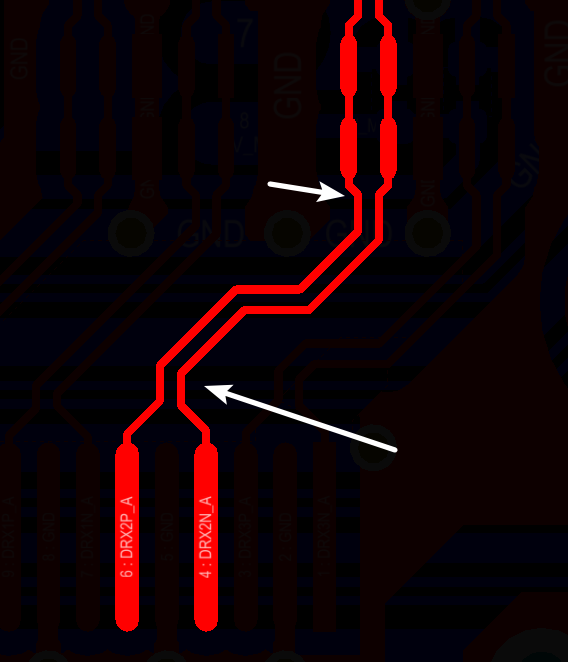 相應(yīng)的要對(duì)差分對(duì)不匹配的情況作出補(bǔ)償，使其線長匹配，長度差通常控制在5mil以內(nèi)