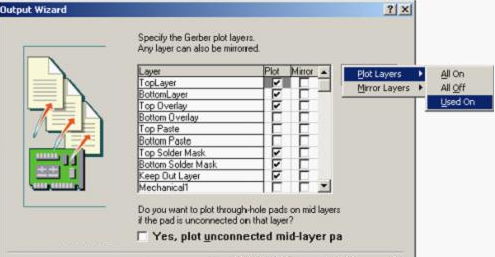 按“Next”，點擊“Menu”將Plot Layers置為Used On，Mirror Layers置為All Off后按“Next”