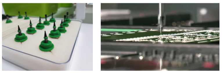 用來吸取零件的小吸盤（左），自動(dòng)機(jī)械臂將零件迅速向下扔（右）